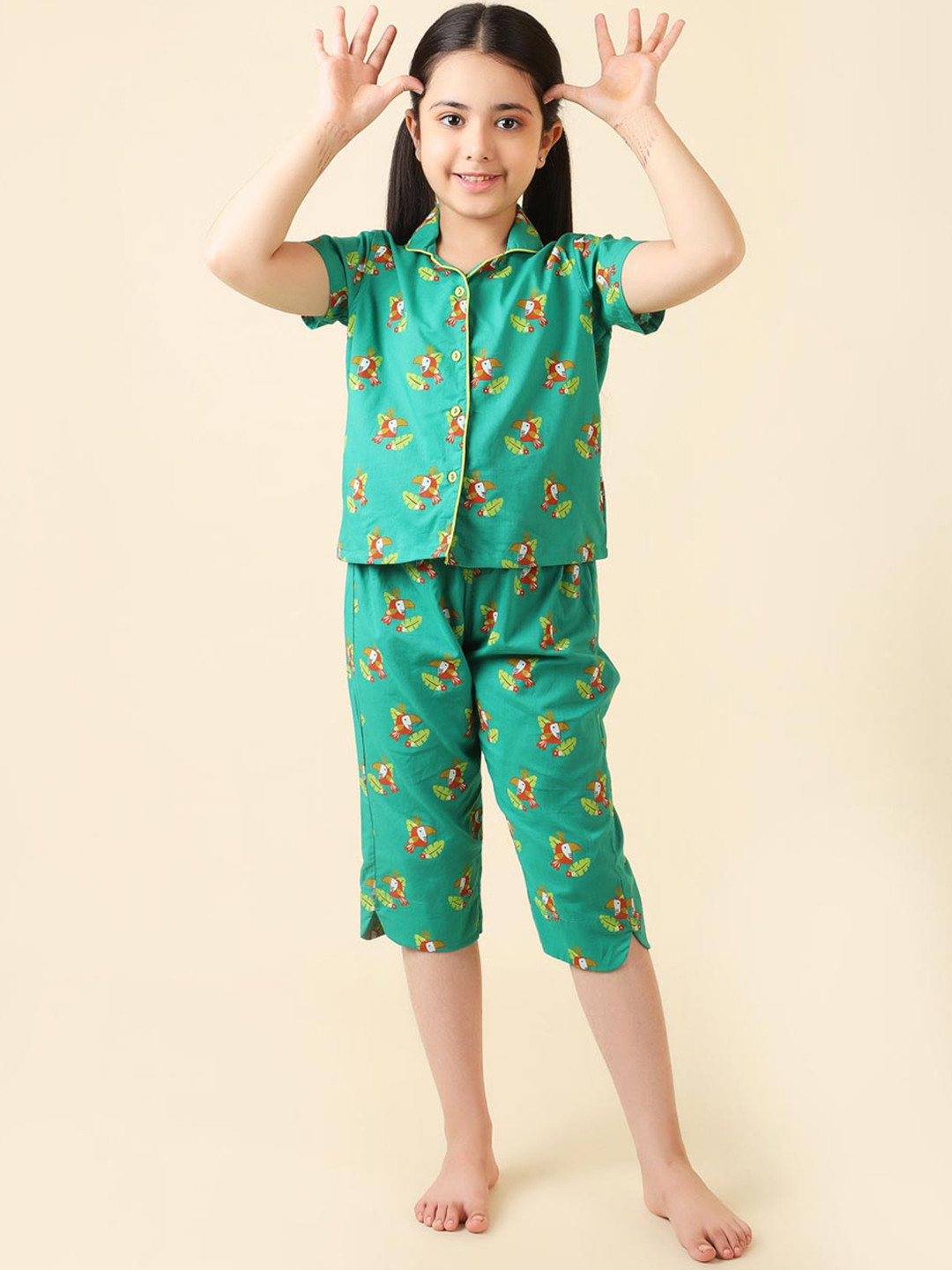 

Fabindia Girls Printed Pure Cotton Night suit, Green