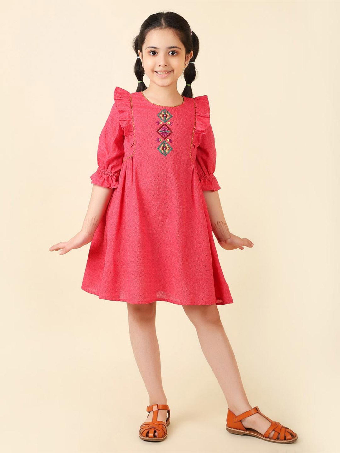 

Fabindia Girls Printed Puff Sleeve A-Line Cotton Dress, Pink