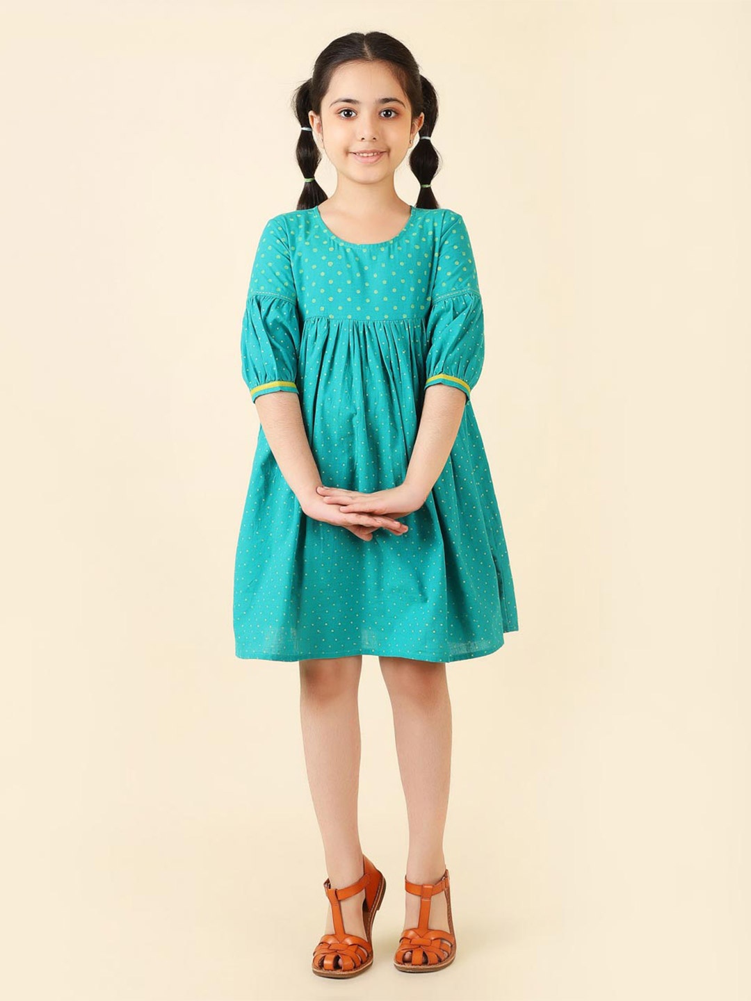 

Fabindia Girls Polka Dots Printed A-Line Cotton Dress, Teal