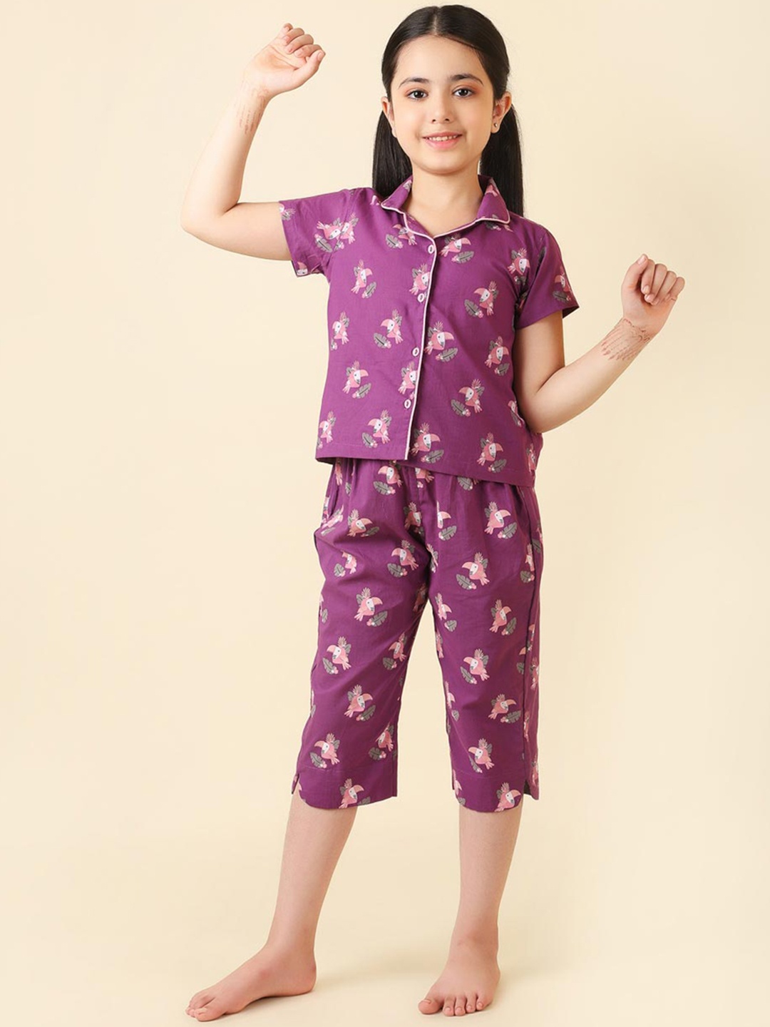 

Fabindia Girls Printed Pure Cotton Night suit, Purple