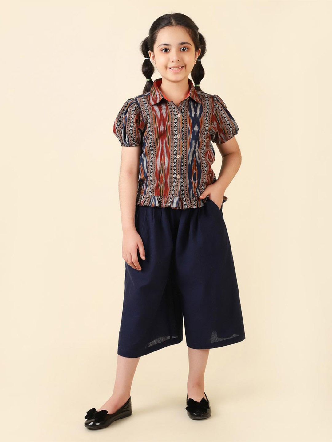 

Fabindia Girls Printed Pure Cotton Shirt With Palazzos, Navy blue