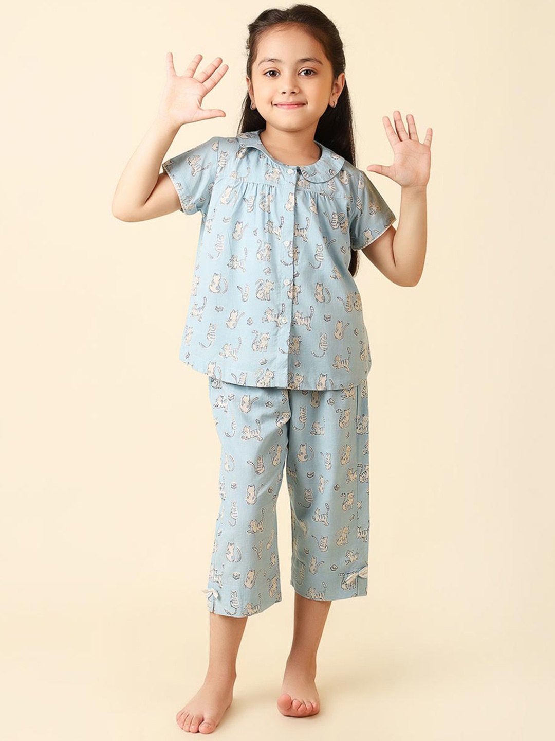 

Fabindia Girls Printed Pure Cotton Night suit, Blue