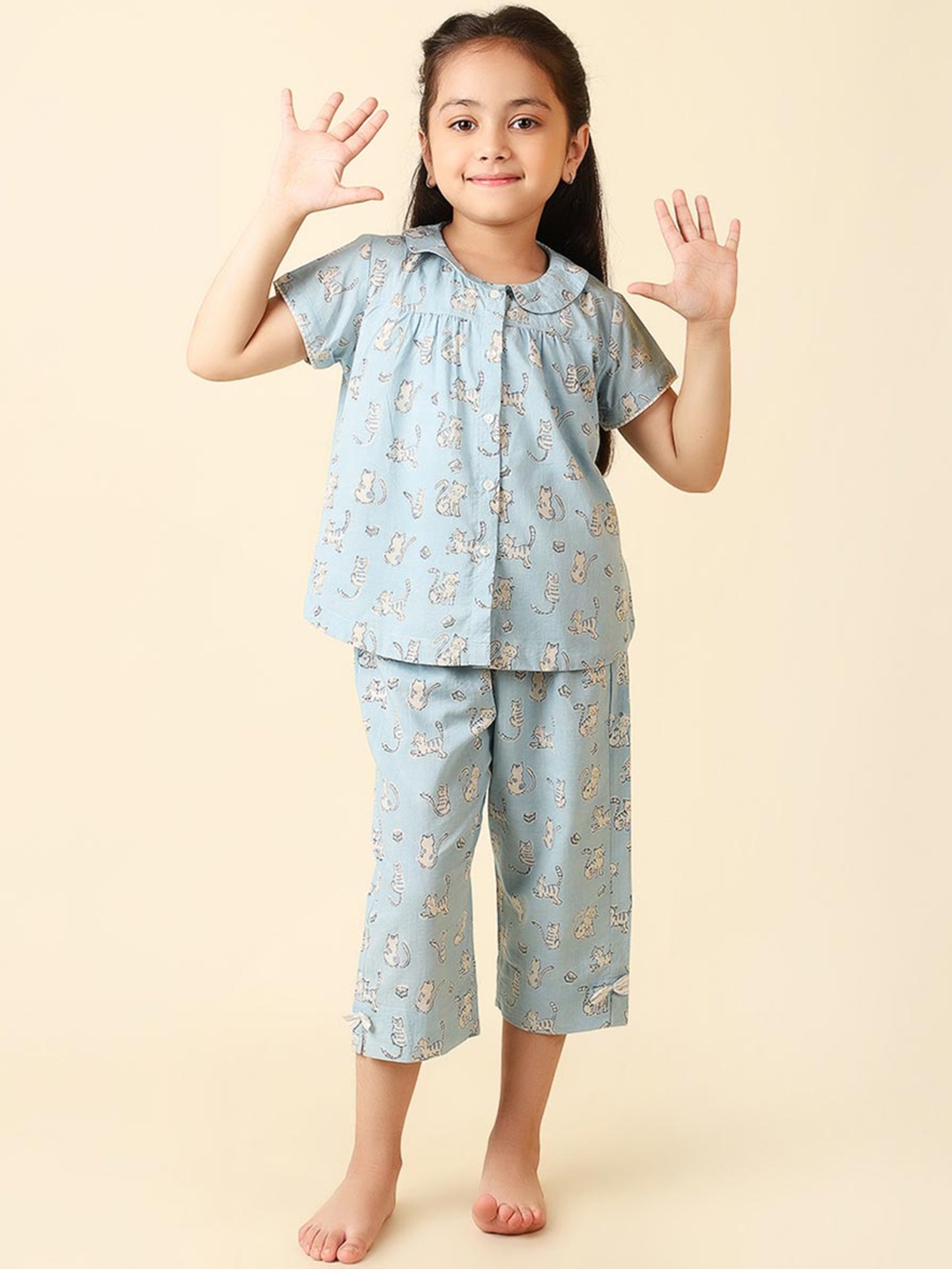 

Fabindia Girls Printed Pure Cotton Night suit, Blue
