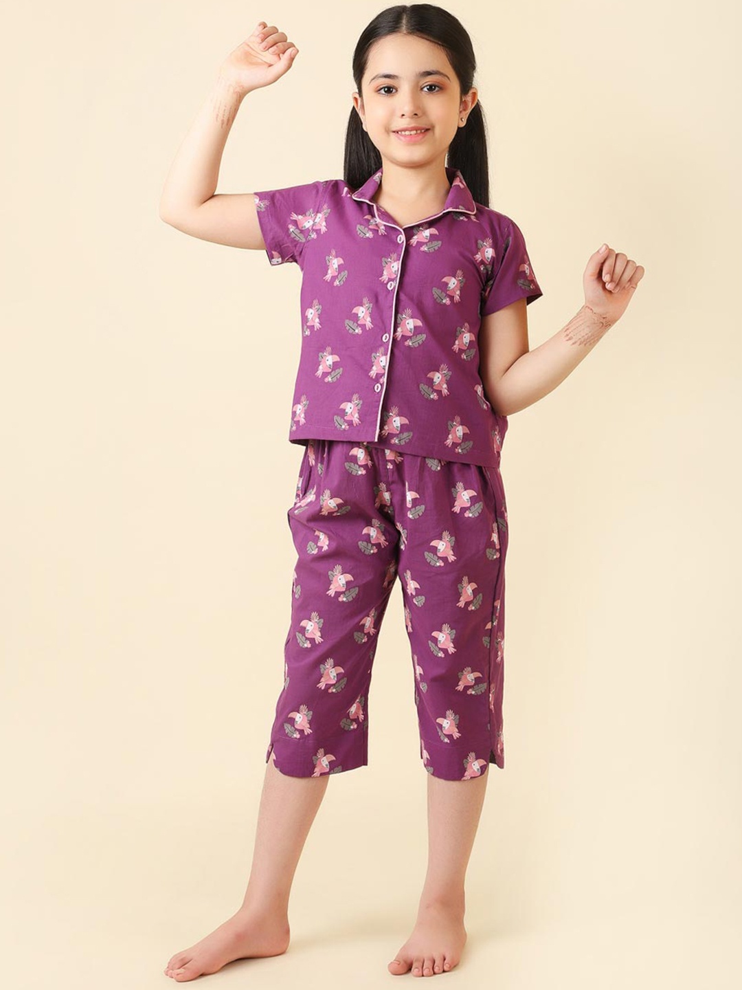 

Fabindia Girls Printed Pure Cotton Night suit, Purple