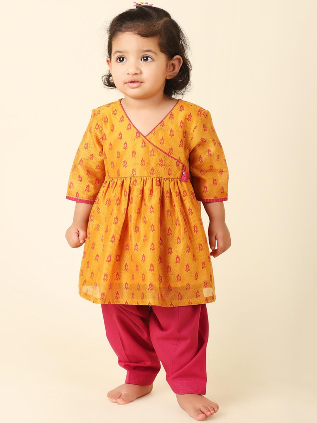 

Fabindia Girls Ethnic Motifs Printed Angrakha Kurta with Salwar, Yellow