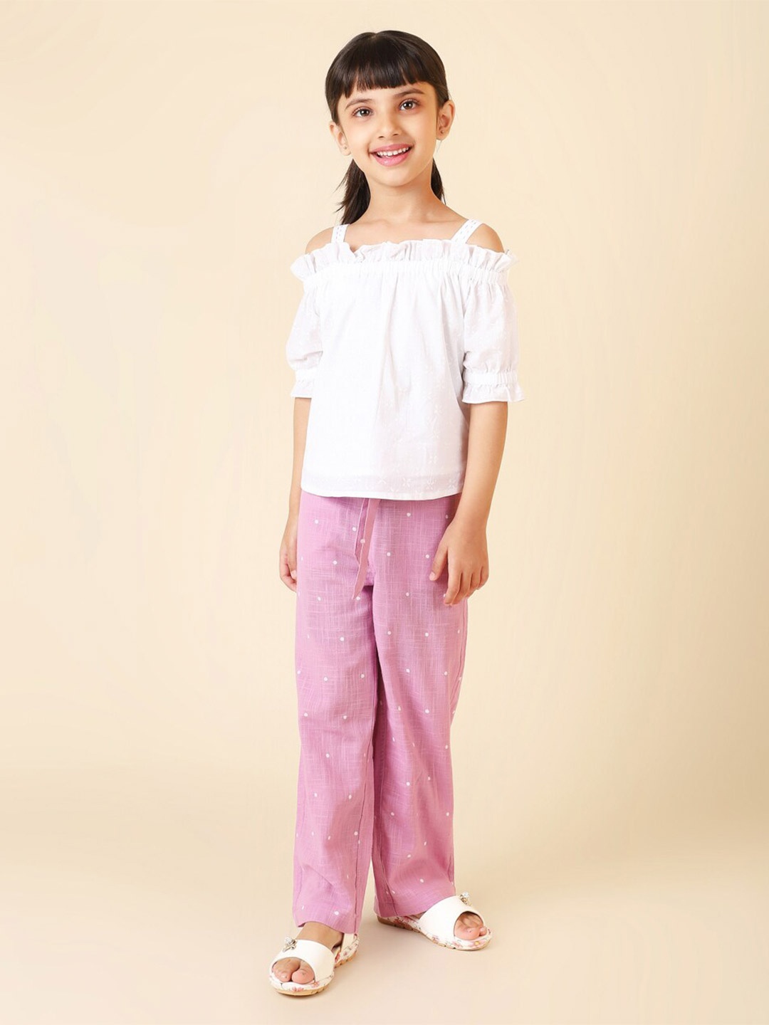 

Fabindia Girls Printed Cotton Top With Trousers, White