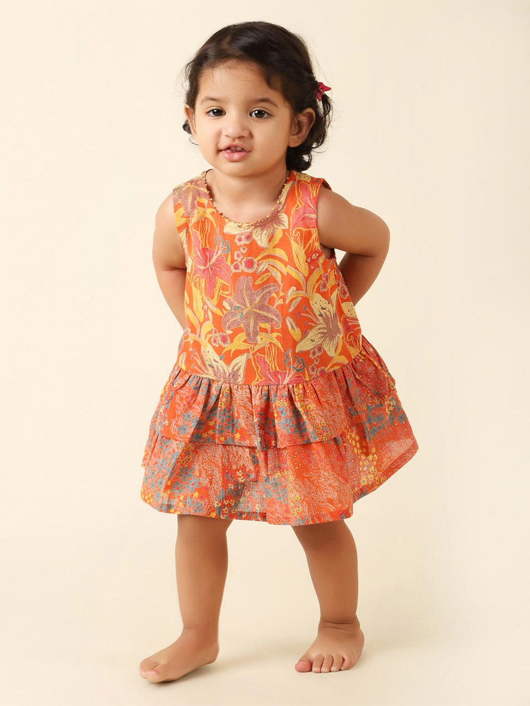 

Fabindia Girls Floral Drop-Waist Dress, Orange