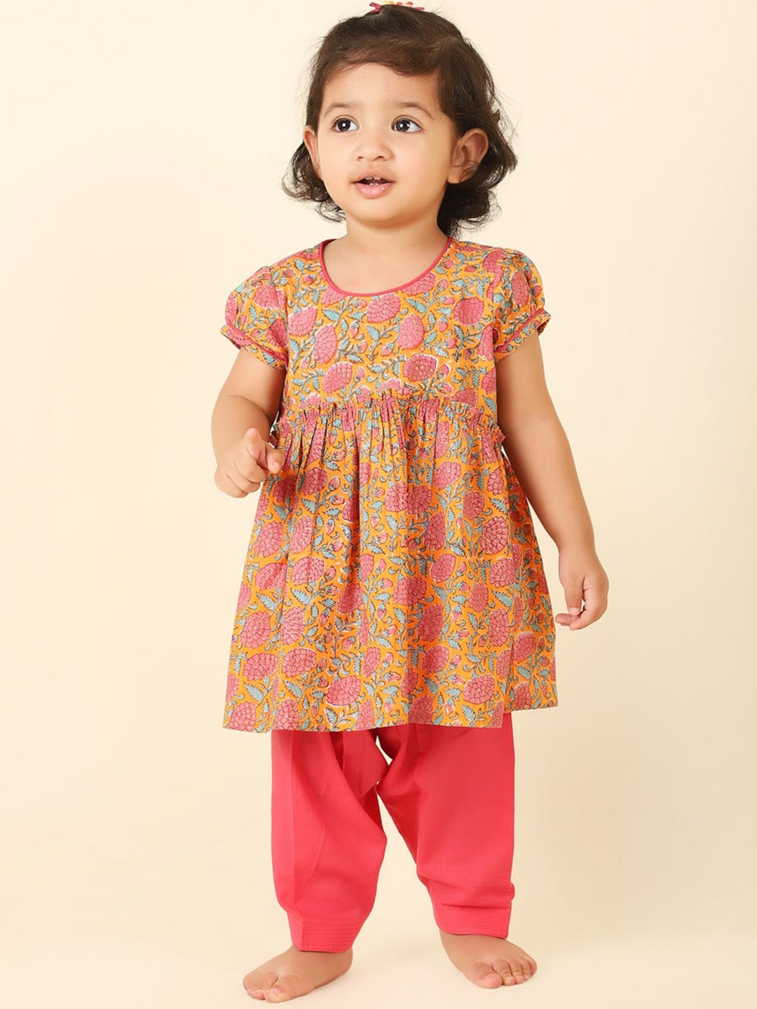 

Fabindia Girls Floral Printed Round Neck Empire Pure Cotton Kurta with Salwar, Orange