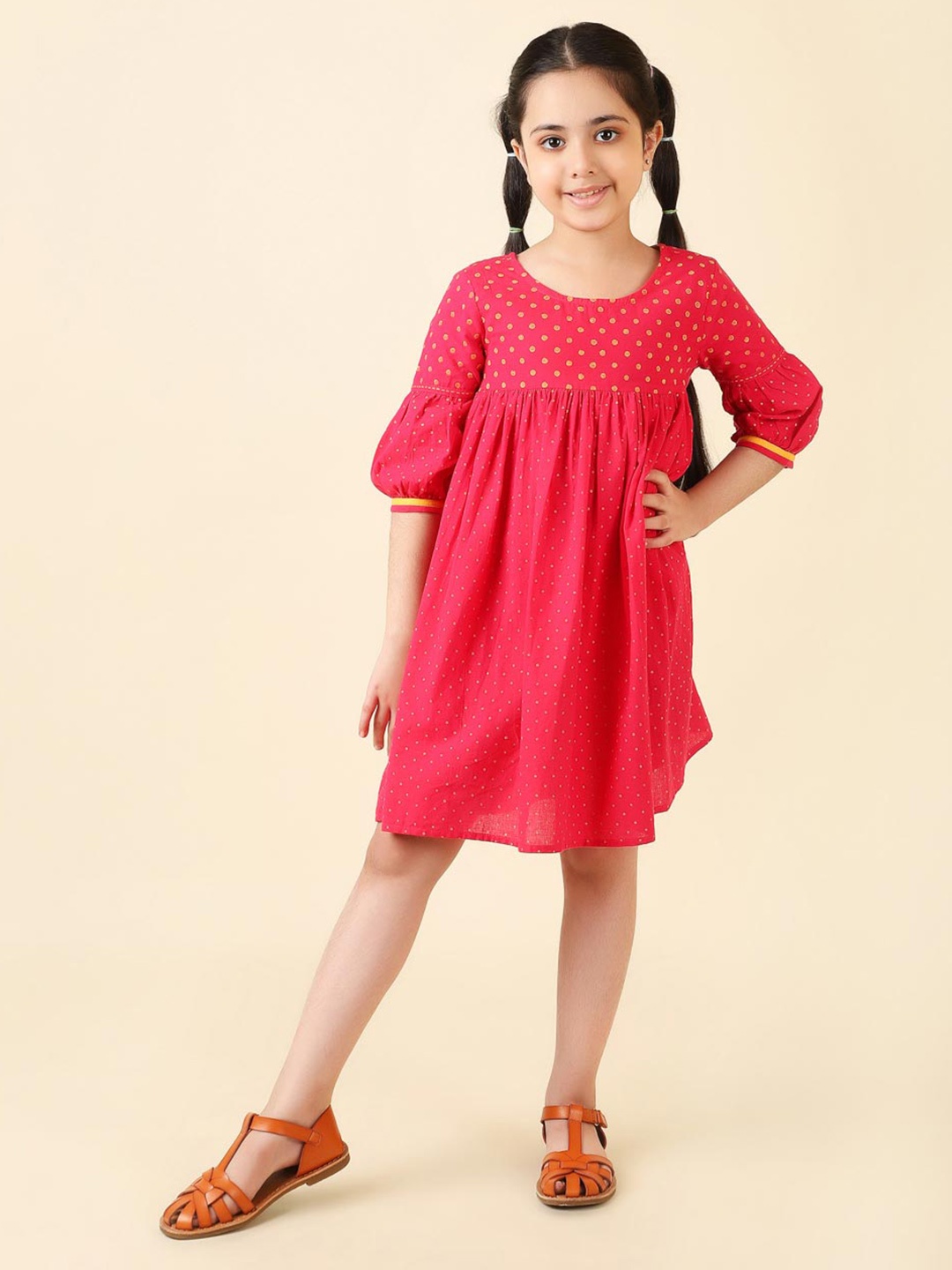 

Fabindia Girls Round Neck A-Line Cotton Dress, Fuchsia