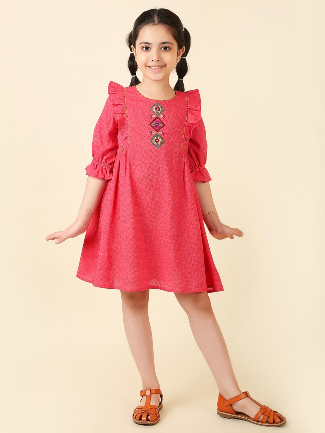 

Fabindia Girls Striped A-Line Cotton Dress, Pink