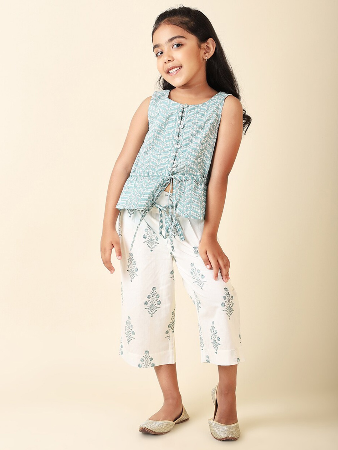 

Fabindia Girls Printed Pure Cotton Sleeveless Clothing Set, Sea green