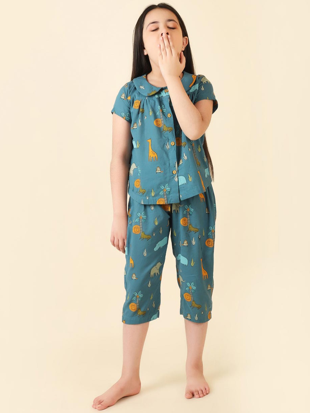 

Fabindia Girls Printed Pure Cotton Night suit, Teal