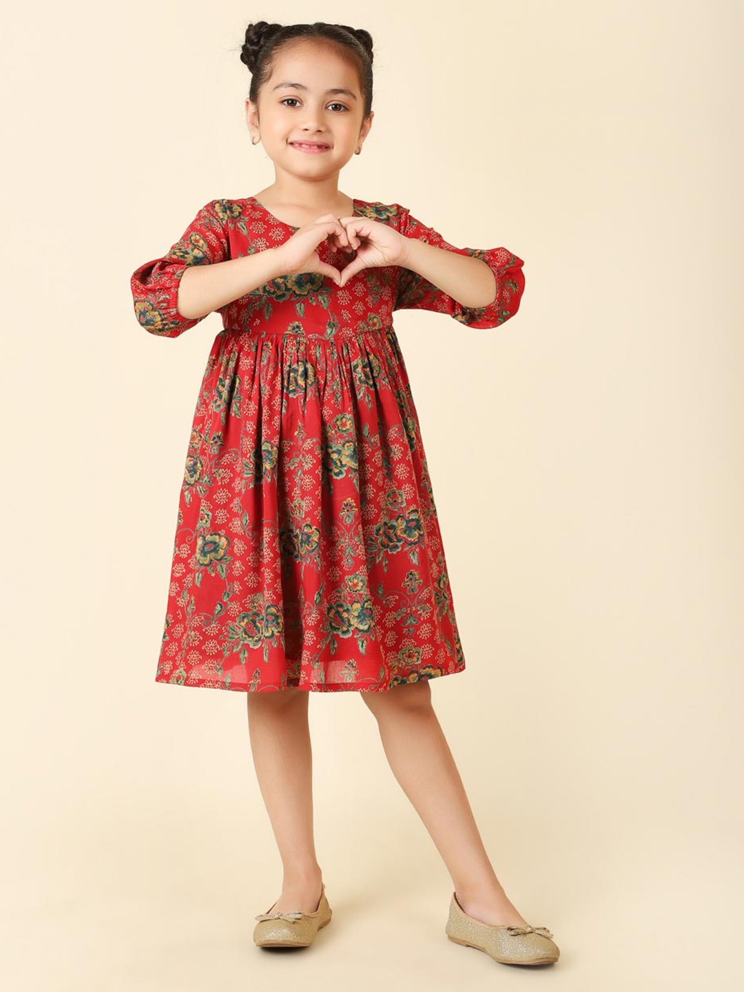 

Fabindia Girls Floral Printed Fit and Flare Dress, Red