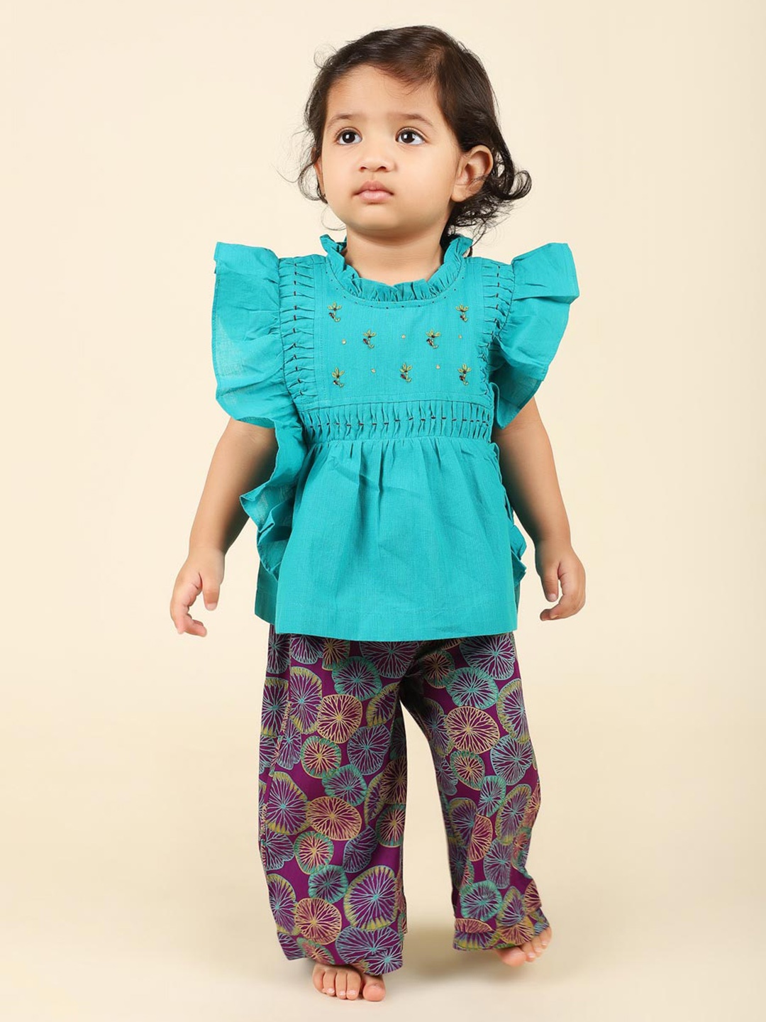 

Fabindia Girls Blue & Purple Embellished Top with Pyjamas