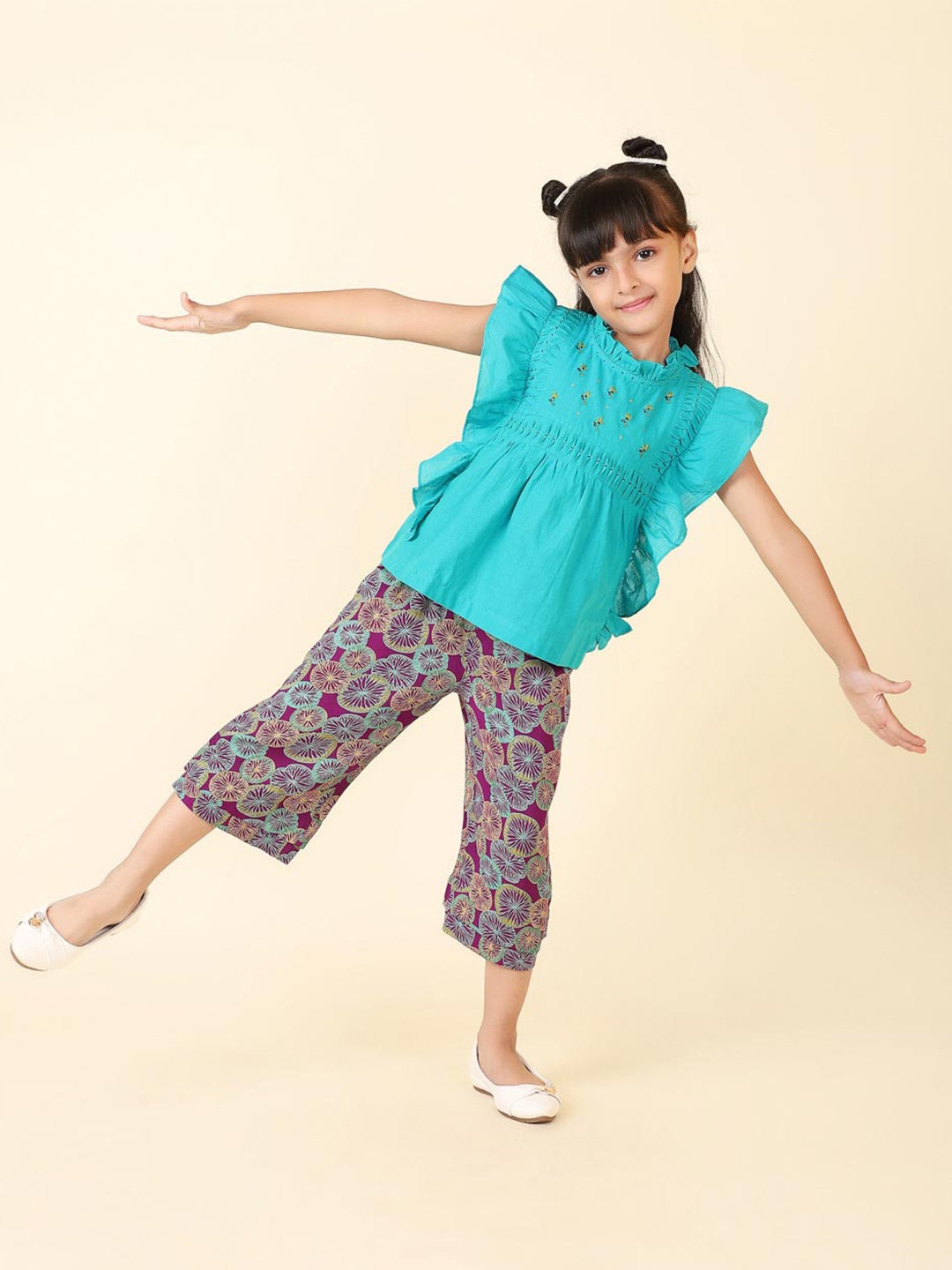 

Fabindia Girls Embroidered High Neck Clothing Set, Turquoise blue