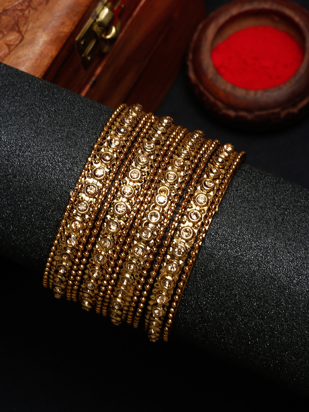 

YouBella Set 12 Textured Stone-Studded Bangle, Gold