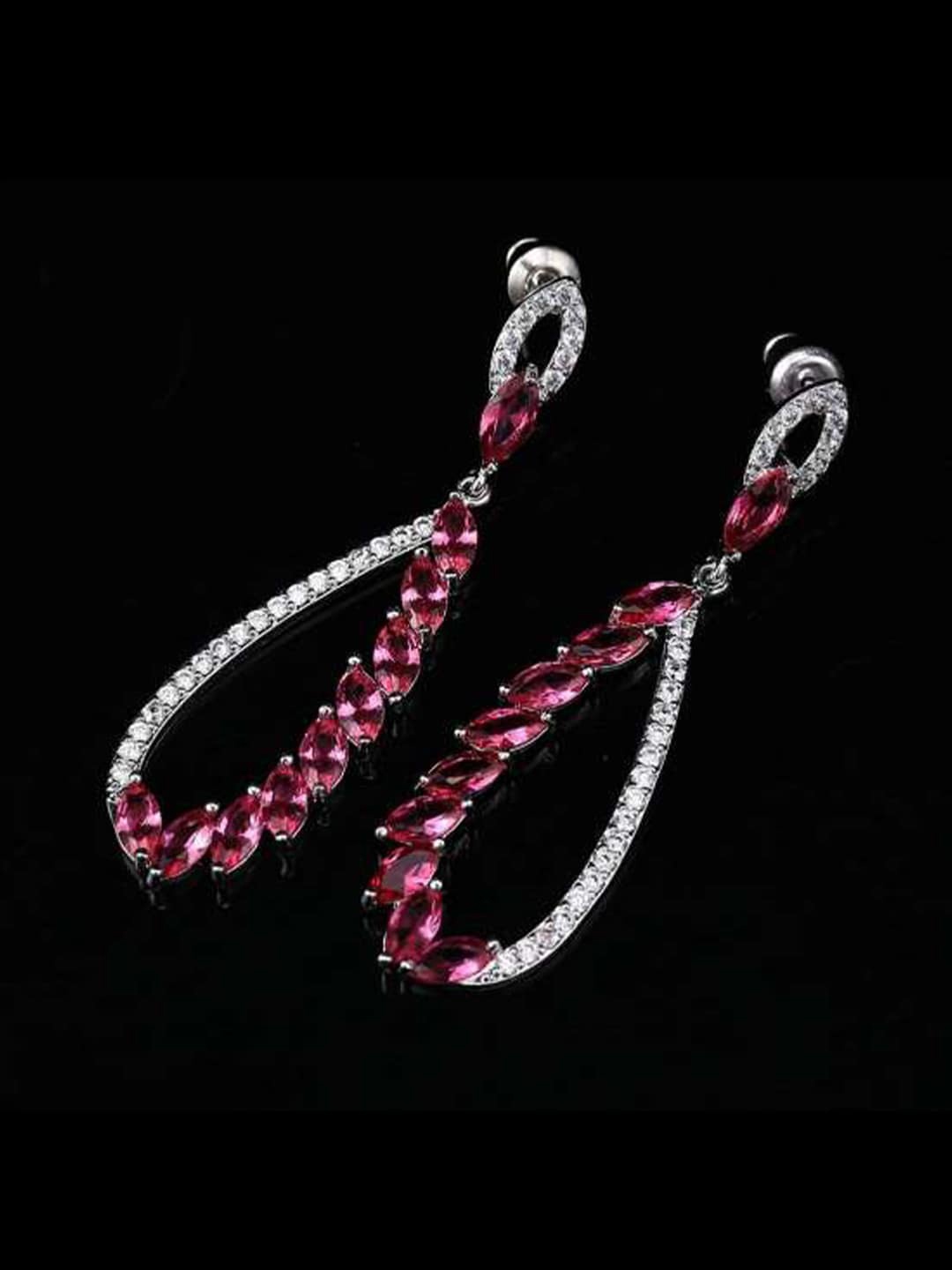 

YouBella Silver-Plated Stone Studded Teardrop Shaped Drop Earrings, Pink