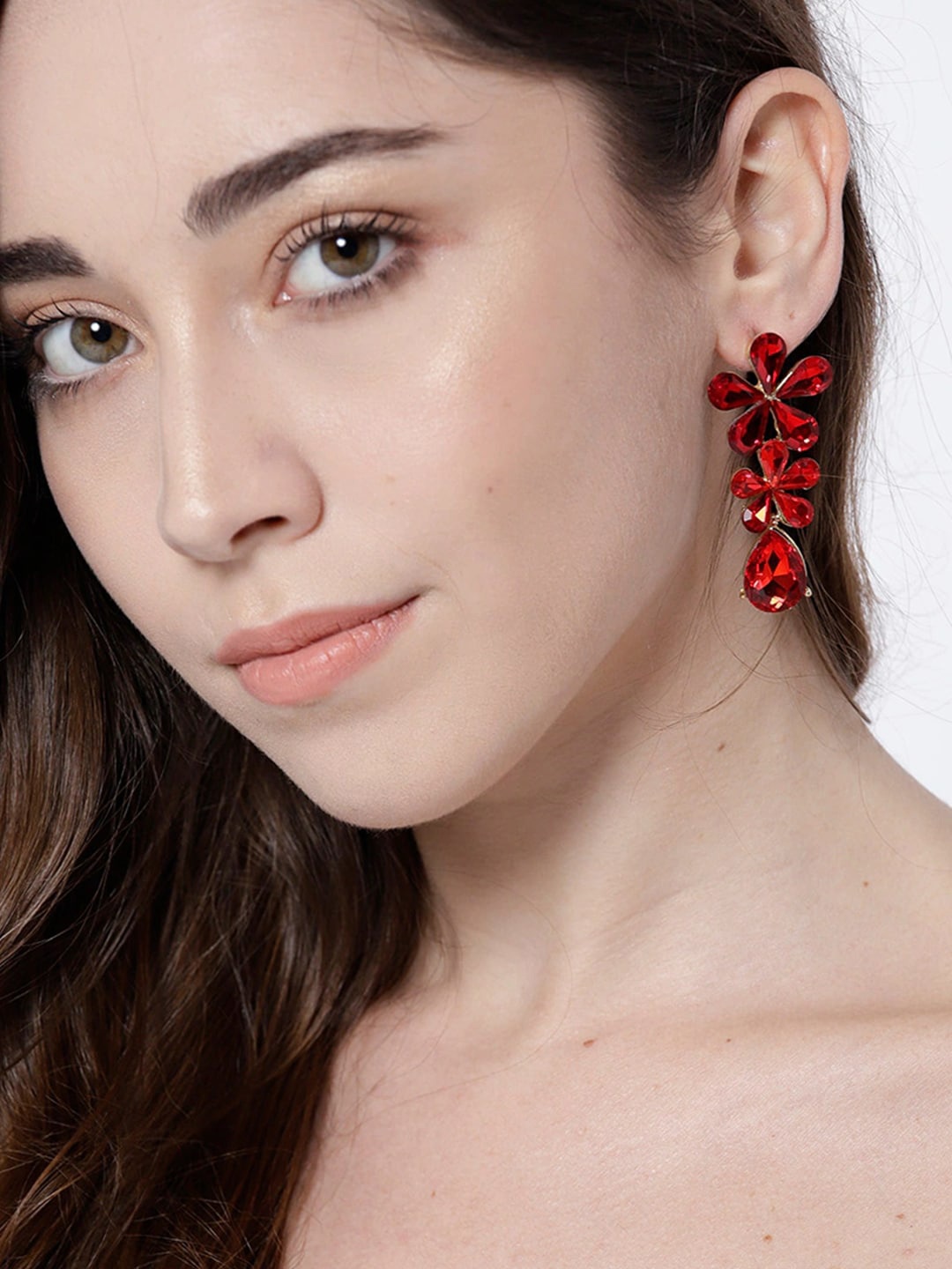 

YouBella Gold-Plated Floral Drop Earrings, Red