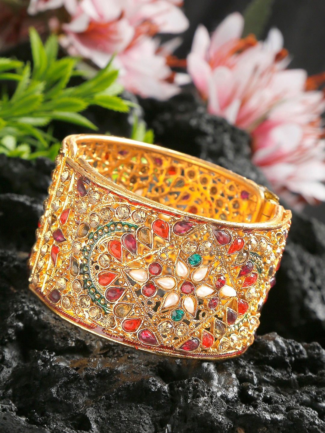 

YouBella Gold-Plated Stone-Studded Beaded Kada Bangle, Red