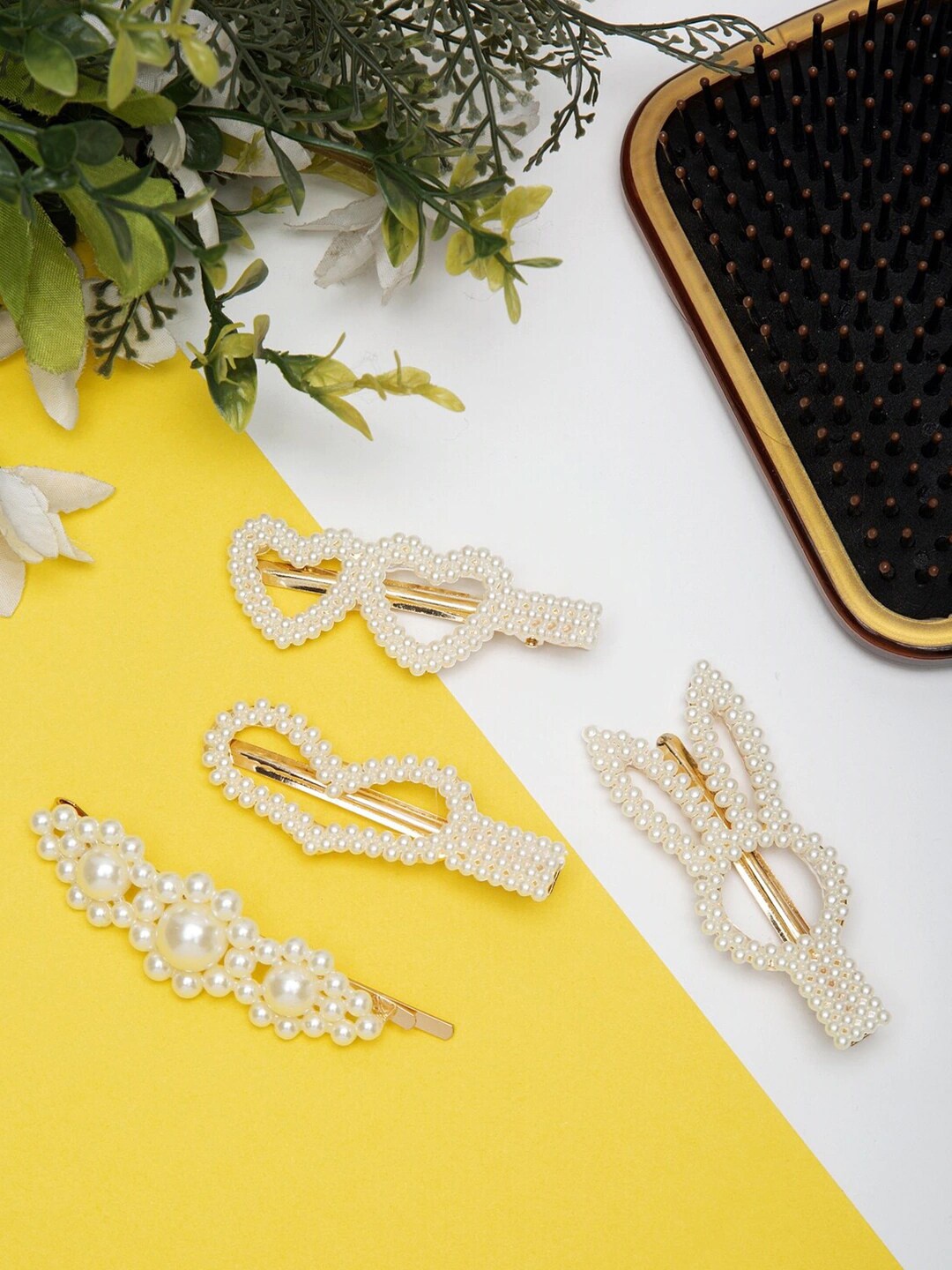 

YouBella Women Set of 4 Beaded Alligator Hair Clips, Off white