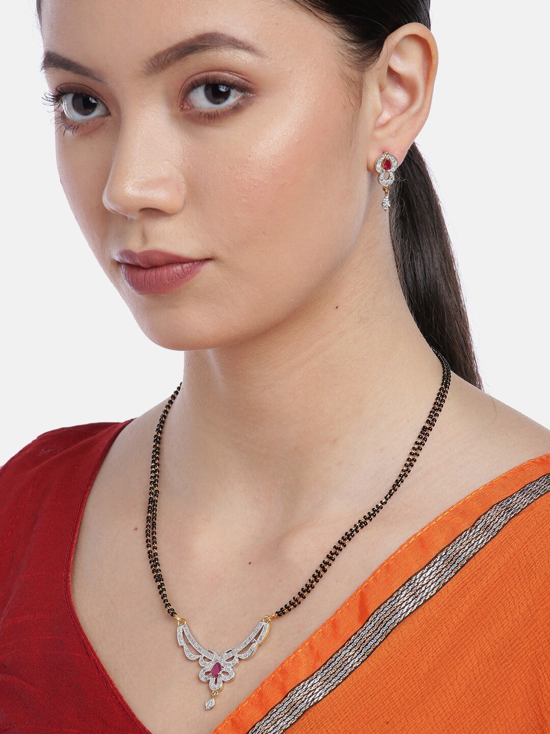 

YouBella Gold-Plated Stone-Studded Beaded Mangalsutra With Earrings, Black