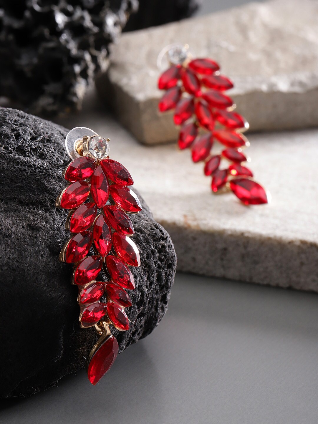 

YouBella Gold-Plated Leaf-Shaped Stone-Studded Drop Earrings, Red