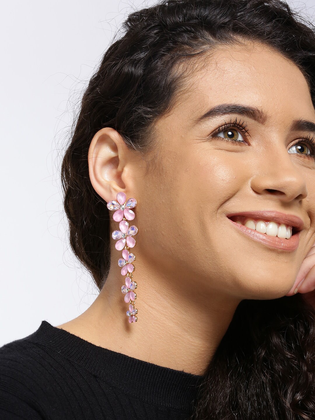 

YouBella Gold-Plated Floral Stone-Studded Drop Earrings, Pink