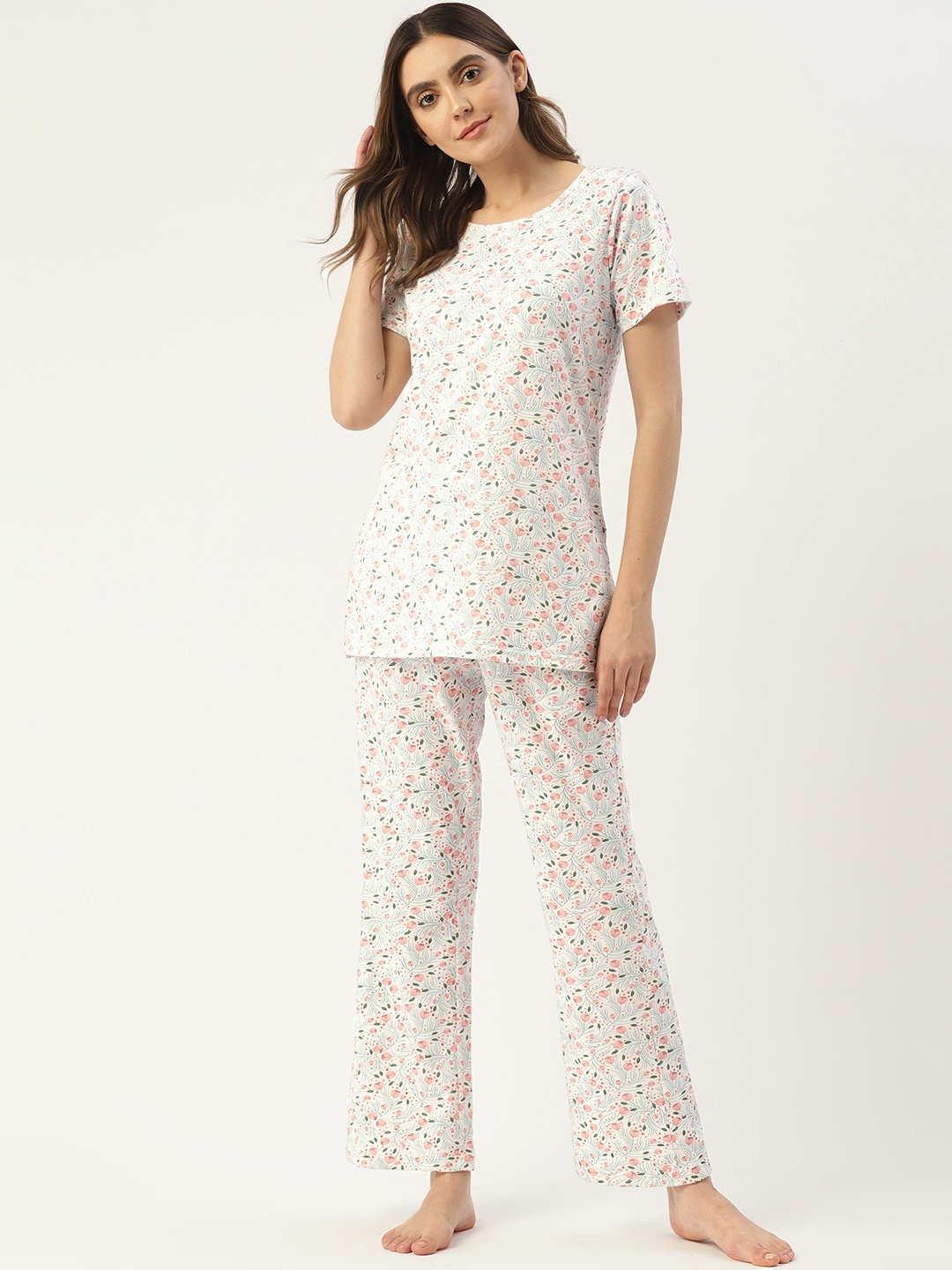 

ETC Women Printed Pure Cotton Night Suit, White