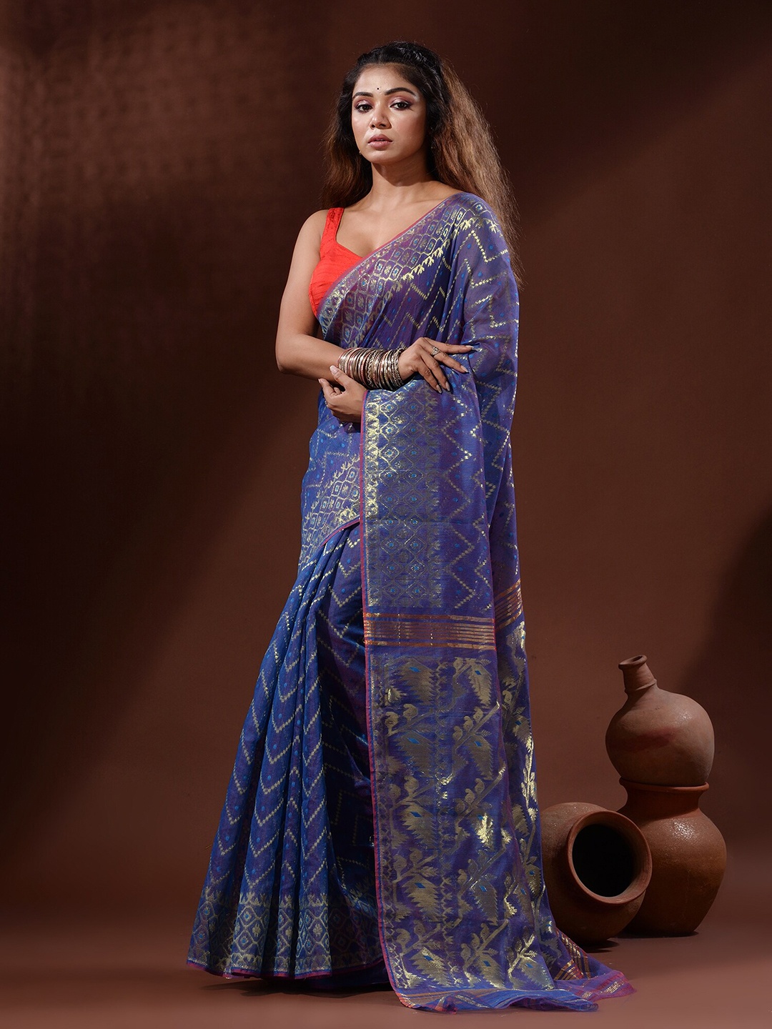 

Charukriti Woven Design Zari Silk Cotton Jamdani Saree, Blue