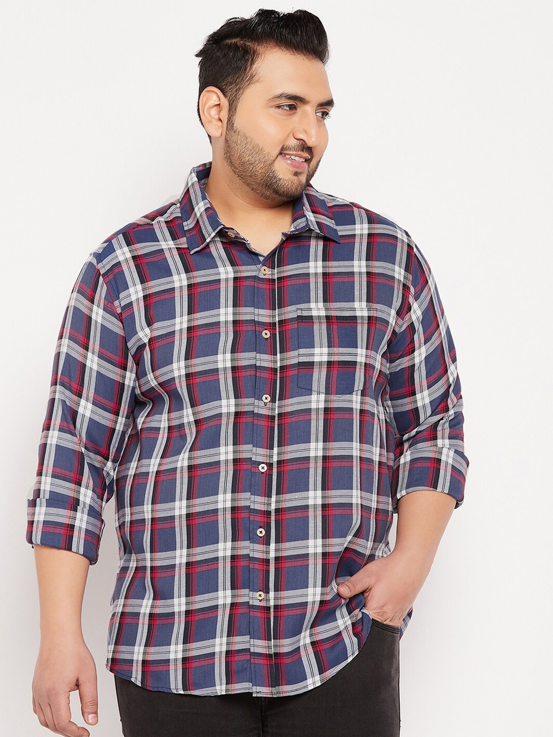 

bigbanana Men Plus Size Tartan Checks Cotton Casual Shirt, Blue