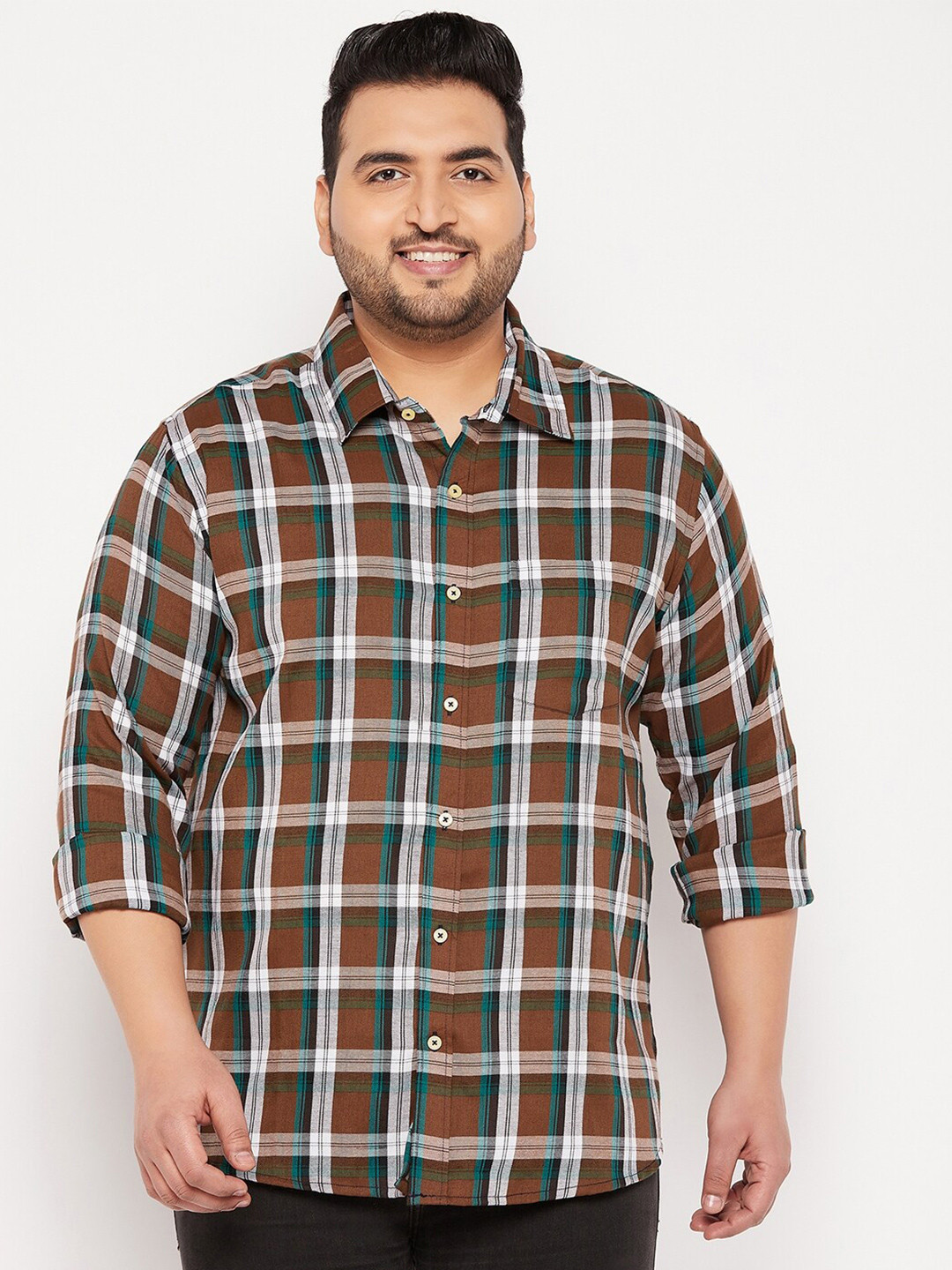 

bigbanana Men Plus Size Tartan Checked Casual Cotton Shirt, Brown