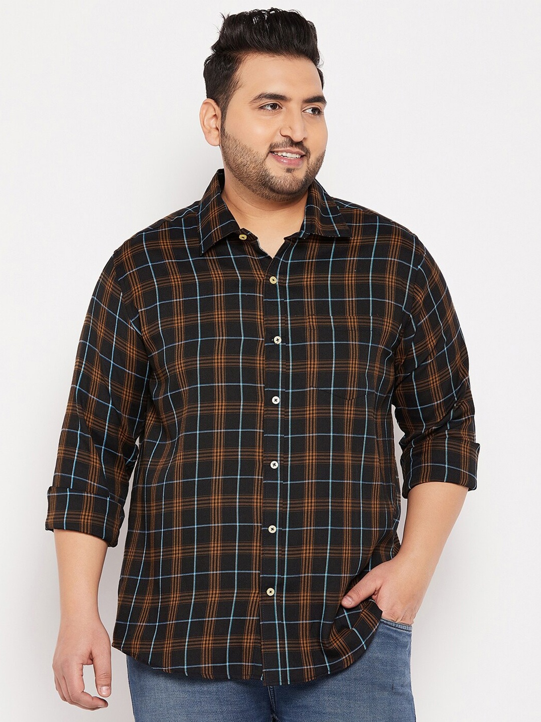 

bigbanana Men Plus Size Tartan Checks Casual Shirt, Black