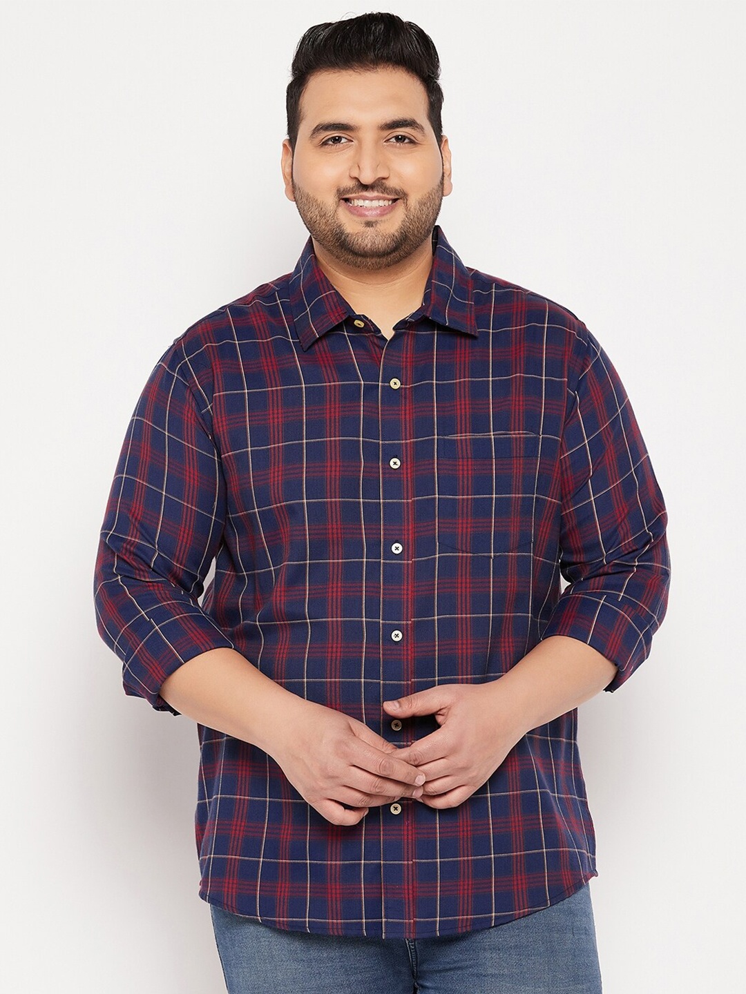 

bigbanana Men Plus Size Tartan Checks Casual Shirt, Navy blue