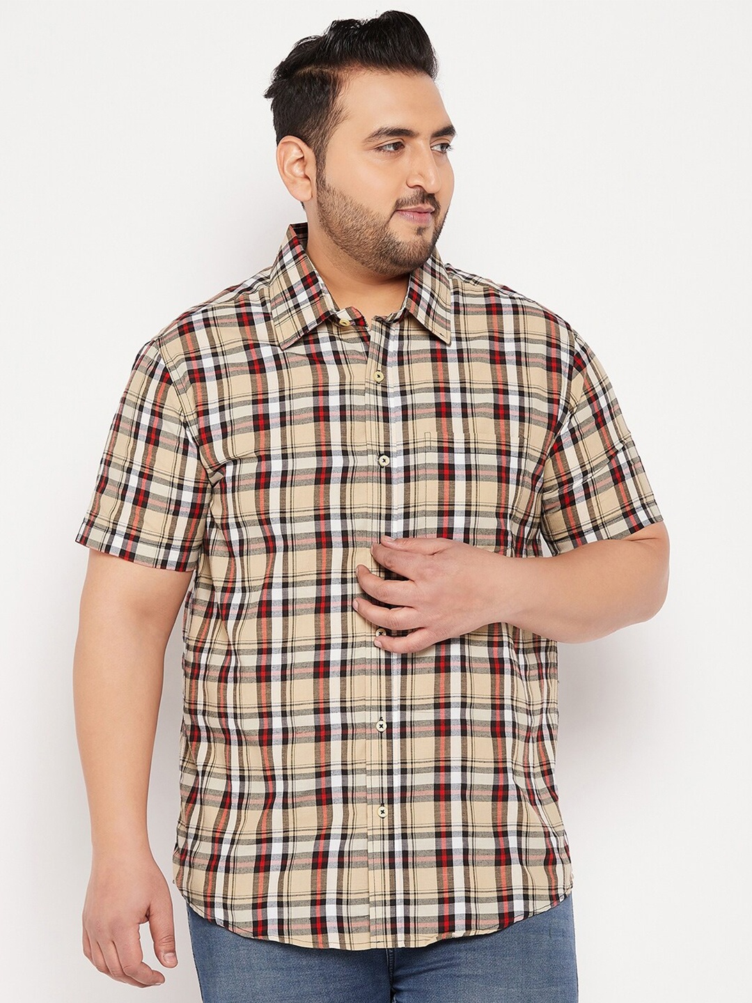 

bigbanana Men Plus Size Tartan Checks Checked Casual Shirt, Beige