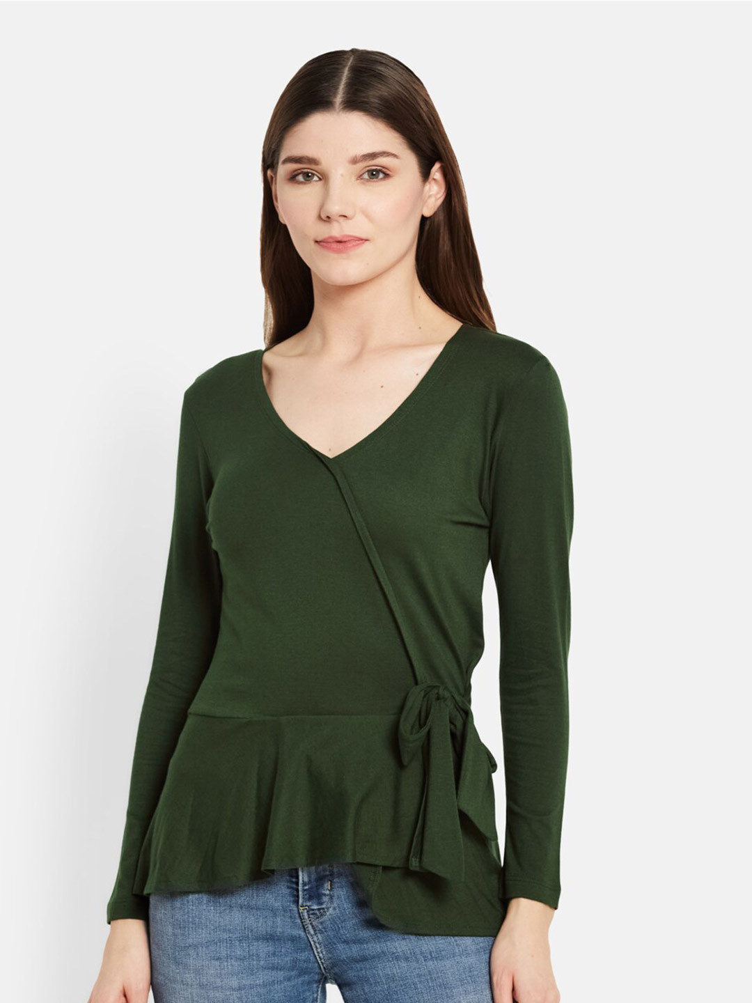 

UNMADE V-Neck Long Sleeves Tie-Ups Wrap Top, Green