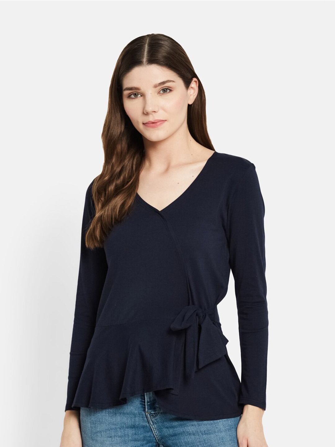 

UNMADE V-Neck Long Sleeves Tie-Ups Wrap Top, Navy blue