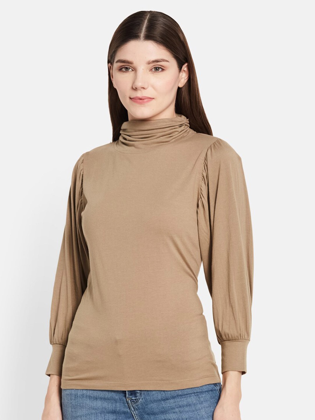 

UNMADE Cowl Neck Cotton Top, Camel brown