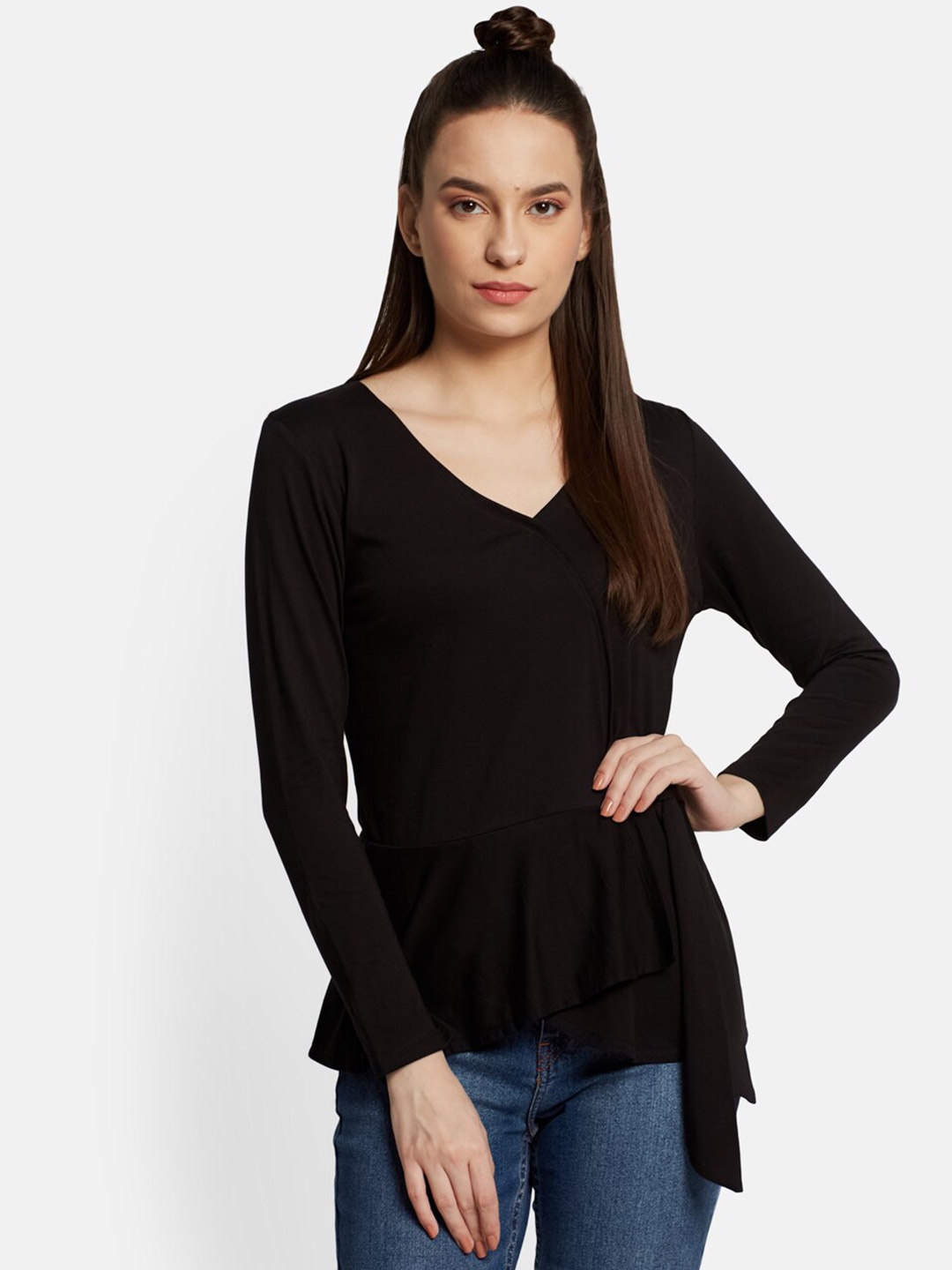 

UNMADE Long Sleeves V-Neck Wrap Top, Black