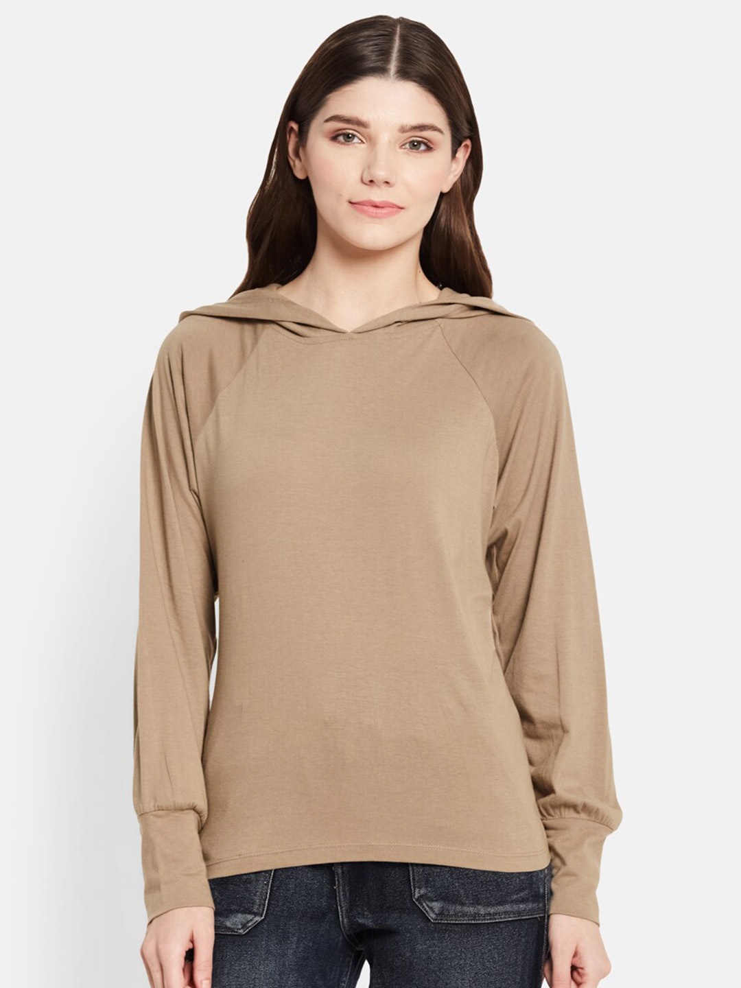 

UNMADE Hooded Cuffed Sleeves Top, Camel brown