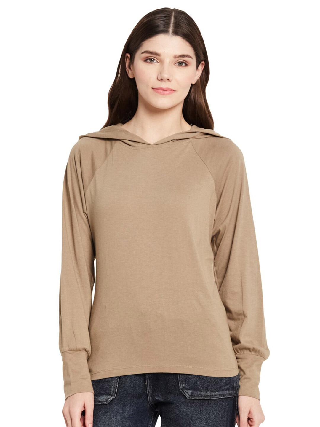 

UNMADE Cuffed Sleeve Hooded Top, Camel brown