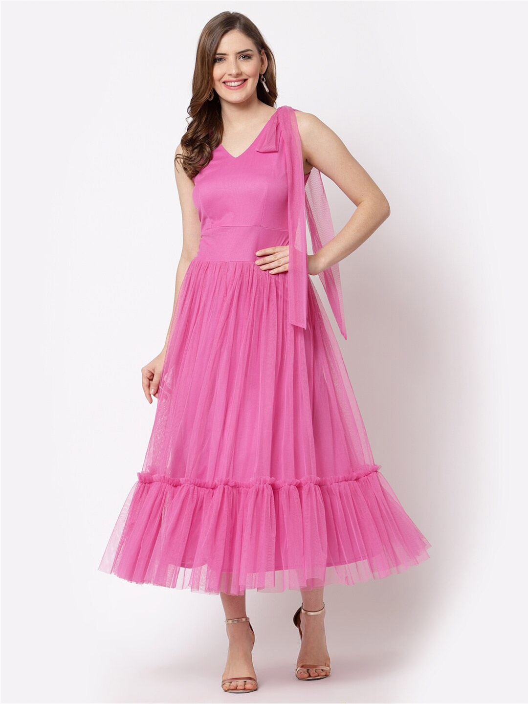 

Just Wow V-Neck Net Midi Dress, Pink