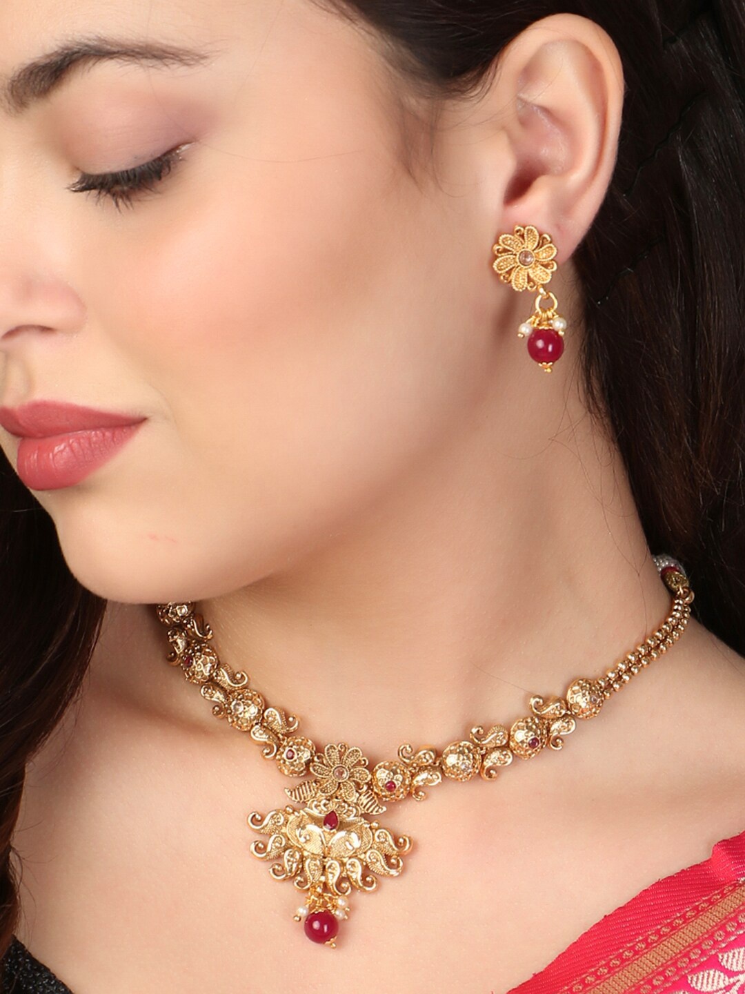 

Adwitiya Collection Gold-Plated Stone Studded & Beaded Jewellery Set