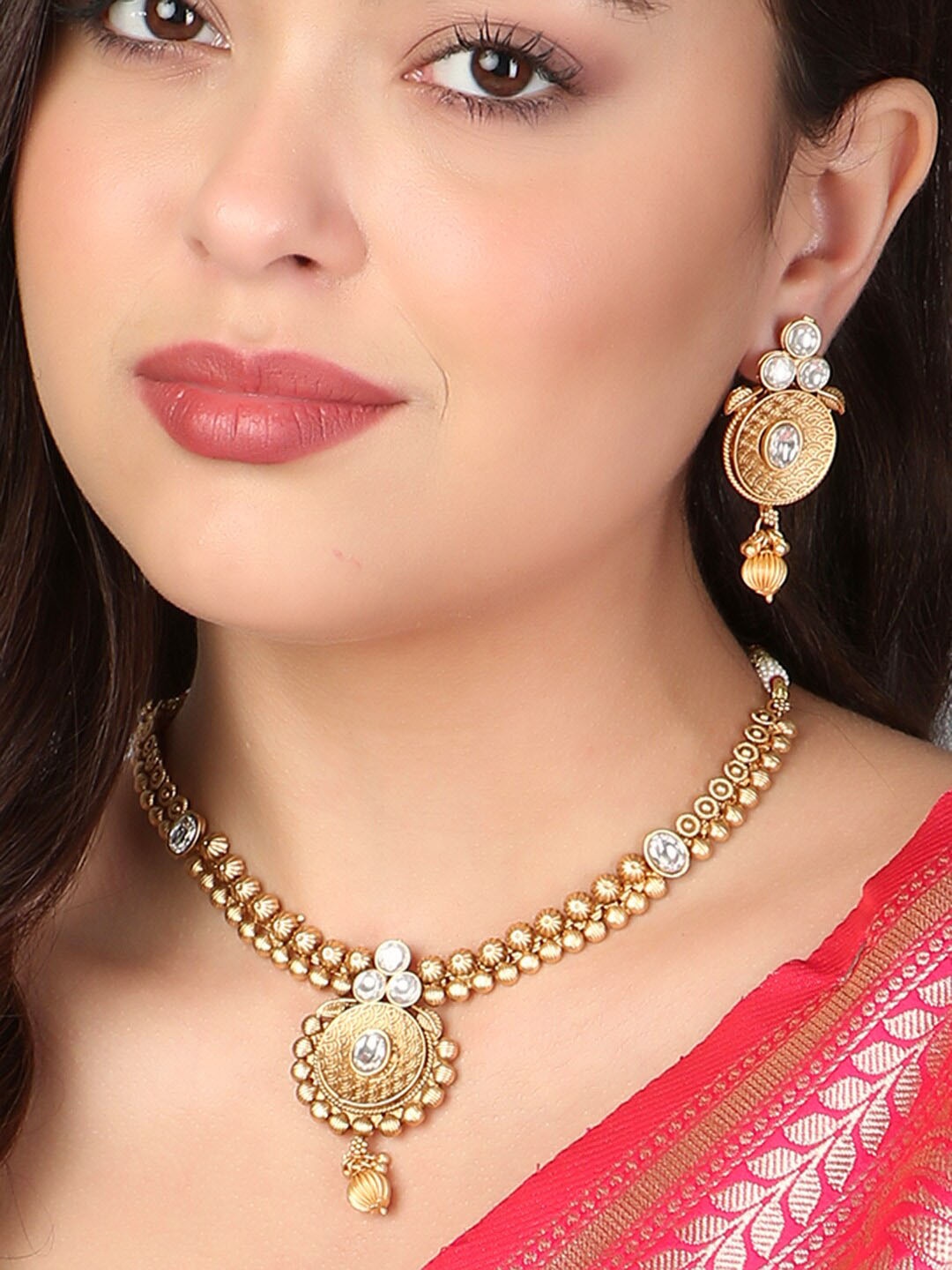 

Adwitiya Collection 24CT Gold-Plated Stones Studded & Beaded Jewellery Set
