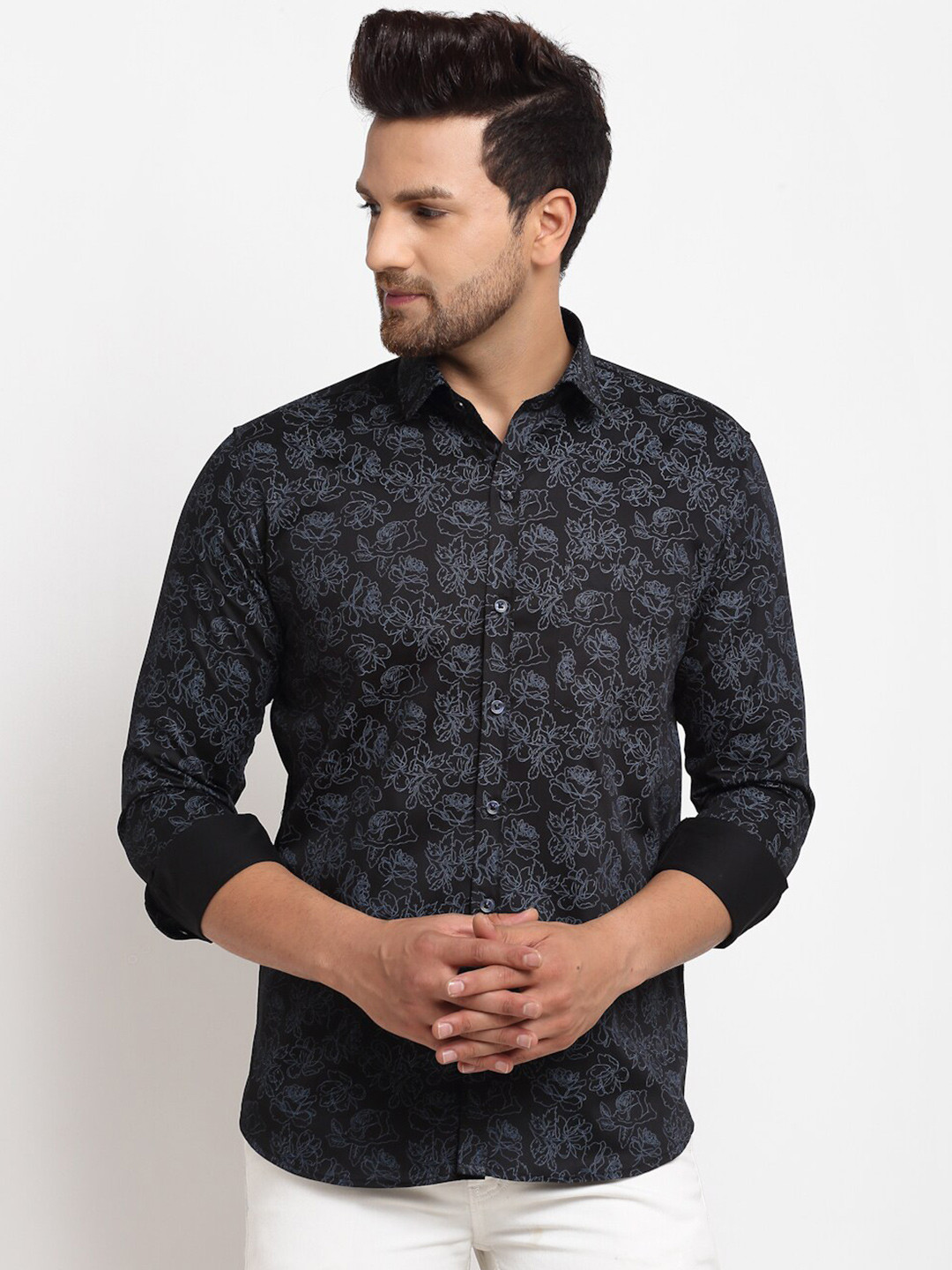 

Ennoble Men Classic Floral Printed Cotton Casual Shirt, Black