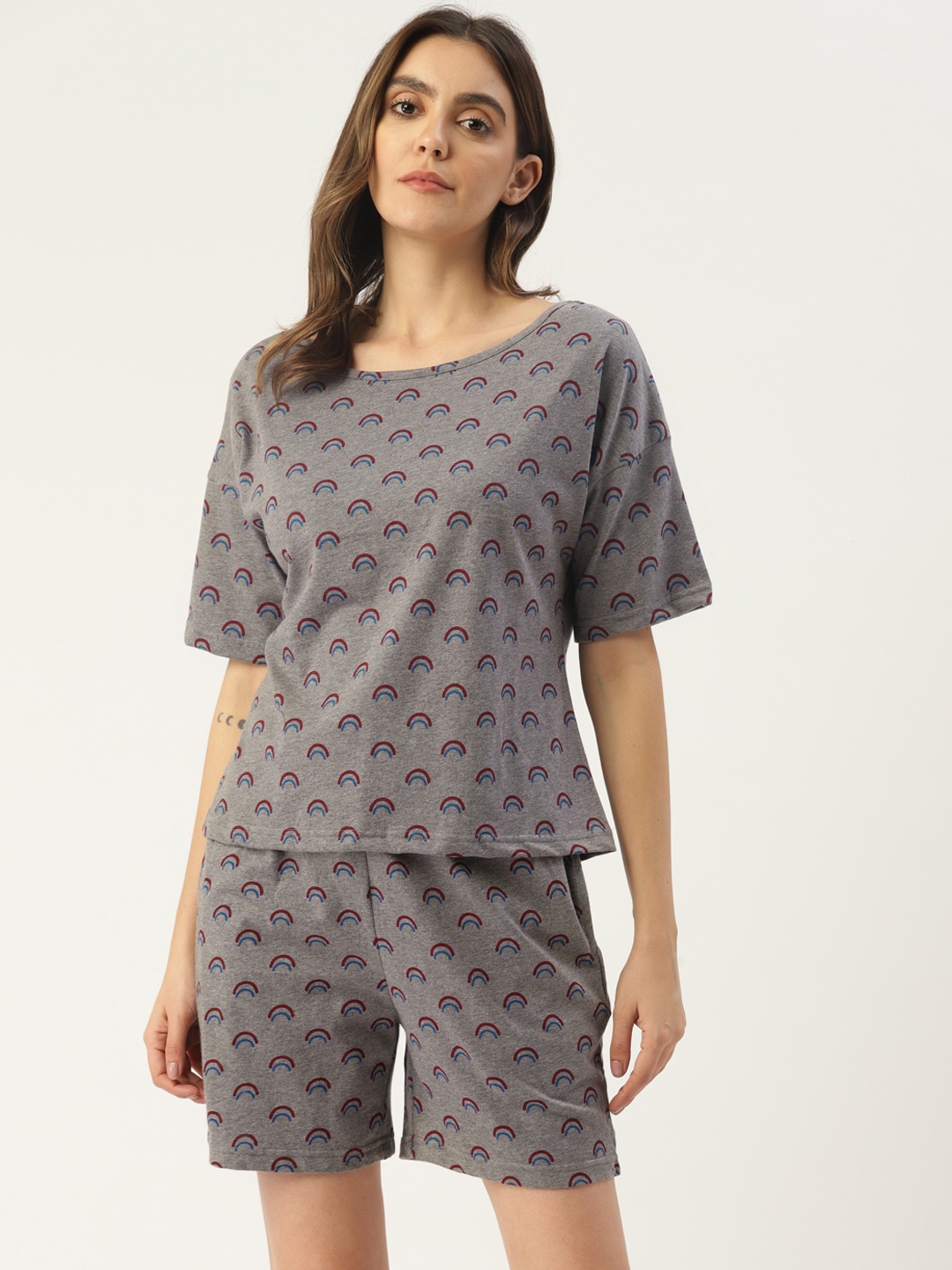 

ETC Women Printed Pure Cotton Night Suit, Grey