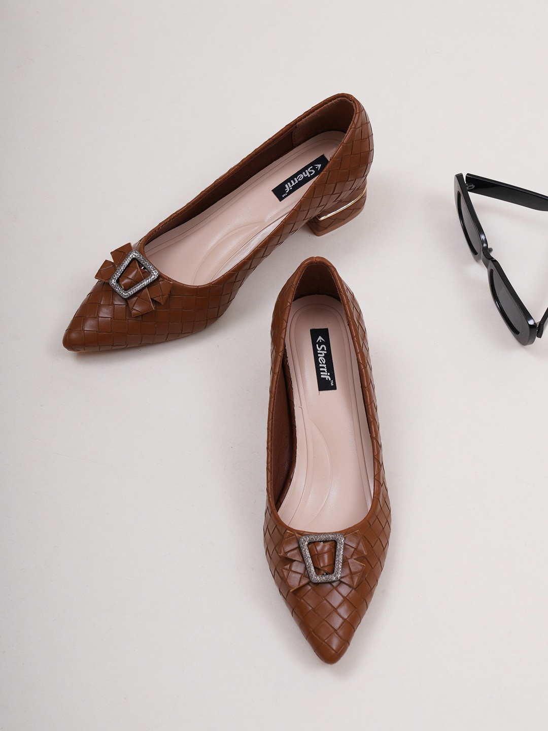 

Sherrif Shoes Closed Back Textured Block Pumps With Bows, Brown