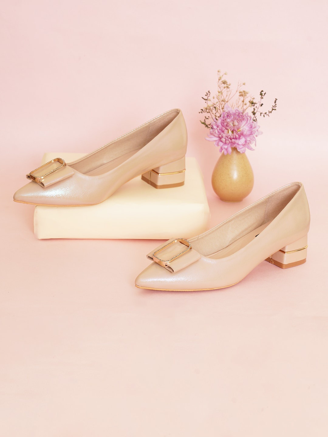 

Sherrif Shoes Closed Back Block Pumps With Bows, Beige