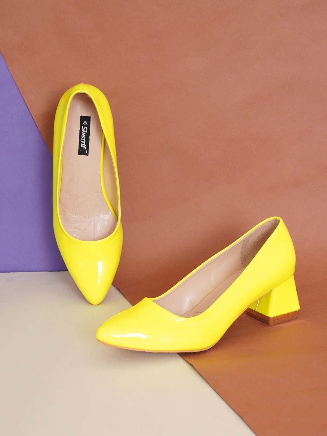 

Sherrif Shoes Pointed Toe Block Pumps, Yellow