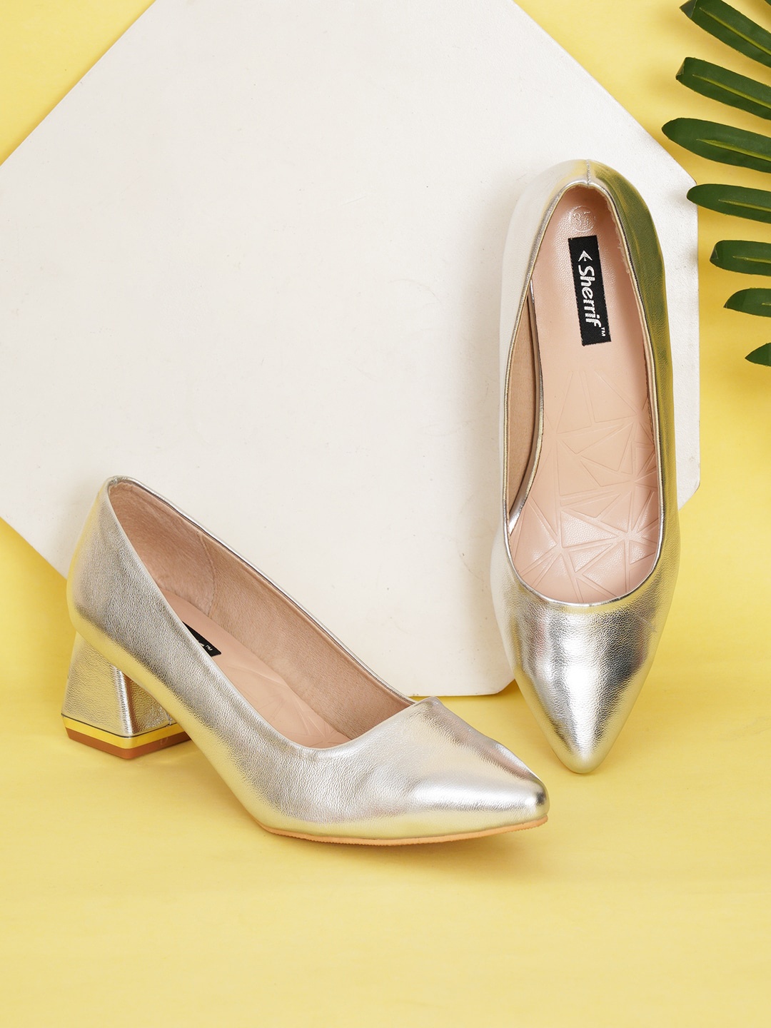 

Sherrif Shoes Pointed Toe Block Pumps, Silver