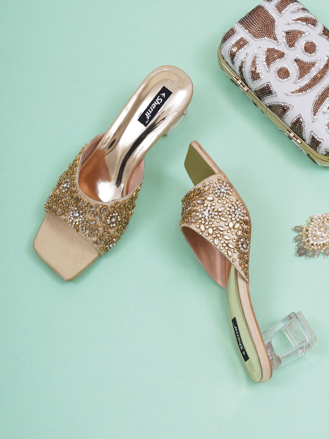

Sherrif Shoes Embellished Party Block Heels, Gold